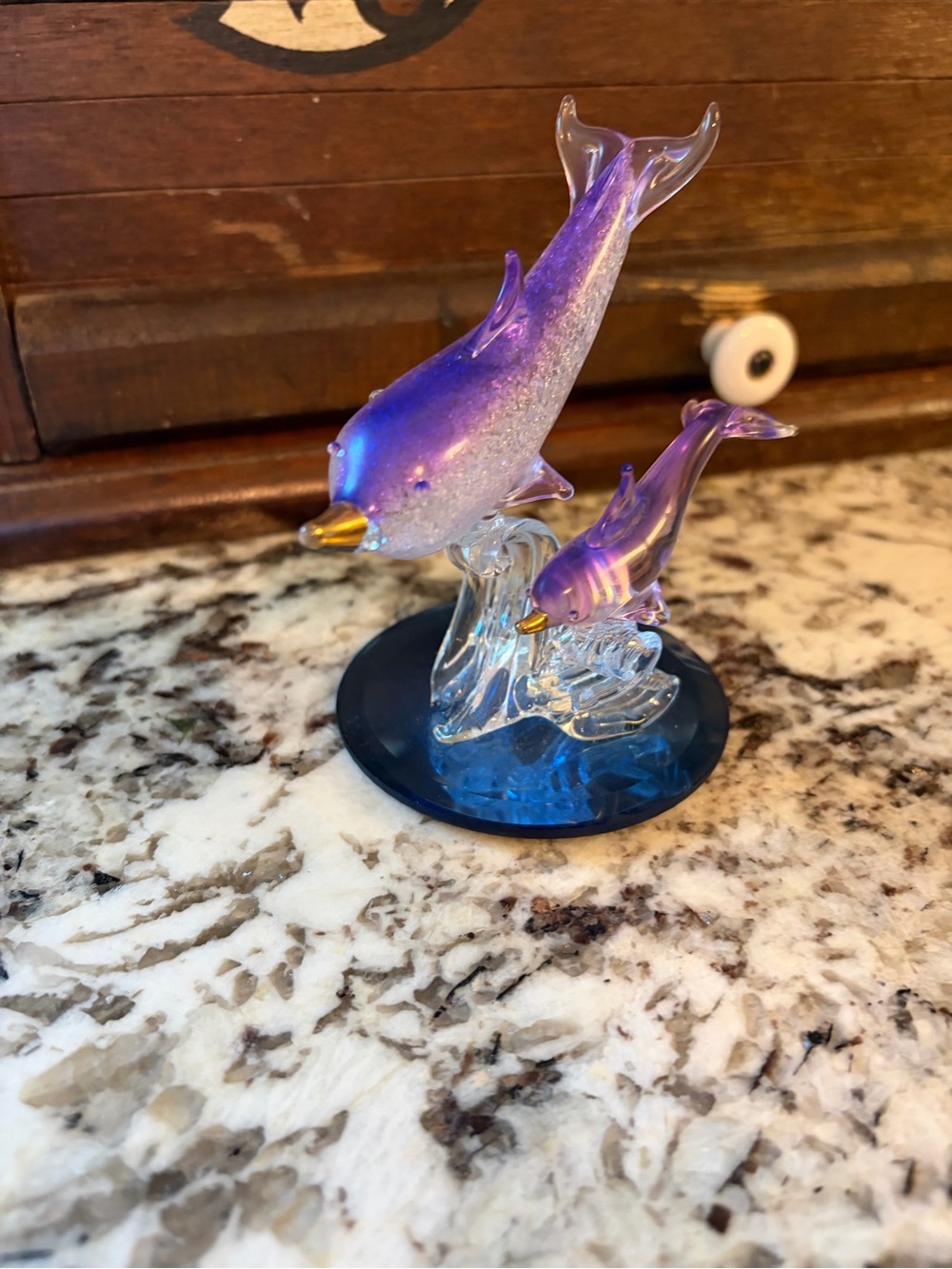 Vintage Purple Glass Dolphin Pair with Gold Accents